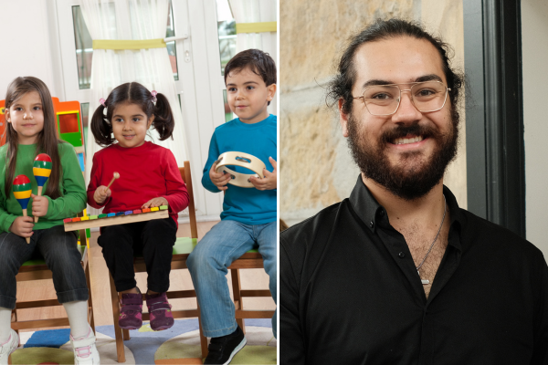 Preschool aged children seated playing musical instruments on left. On right man with beard in black shirt smiling.