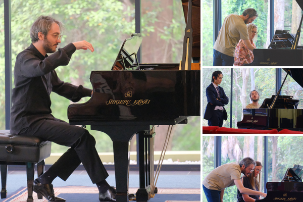 Montage of photos with pianist Alexander Gadjiev and his masterclass participants at the piano
