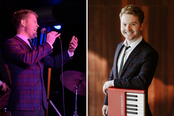 Photo on left of a man singing and the same man on the right with a piano keyboard.