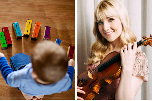 Toddler playing music blocks and blond woman with violin smiling.