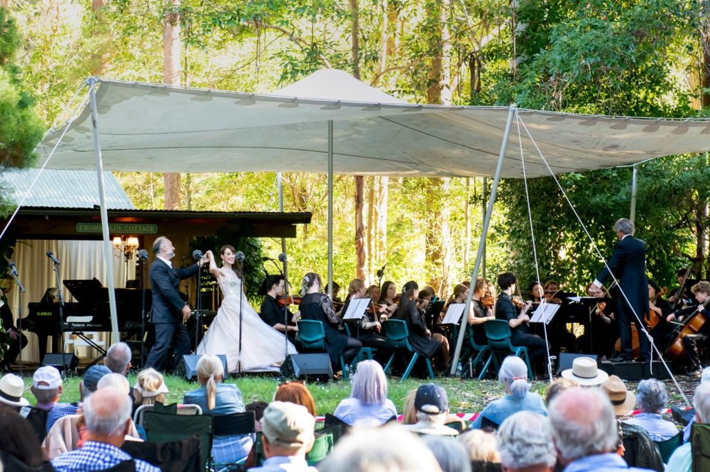 Man and woman dancing next to orchestra in an outdoor setting with trees.